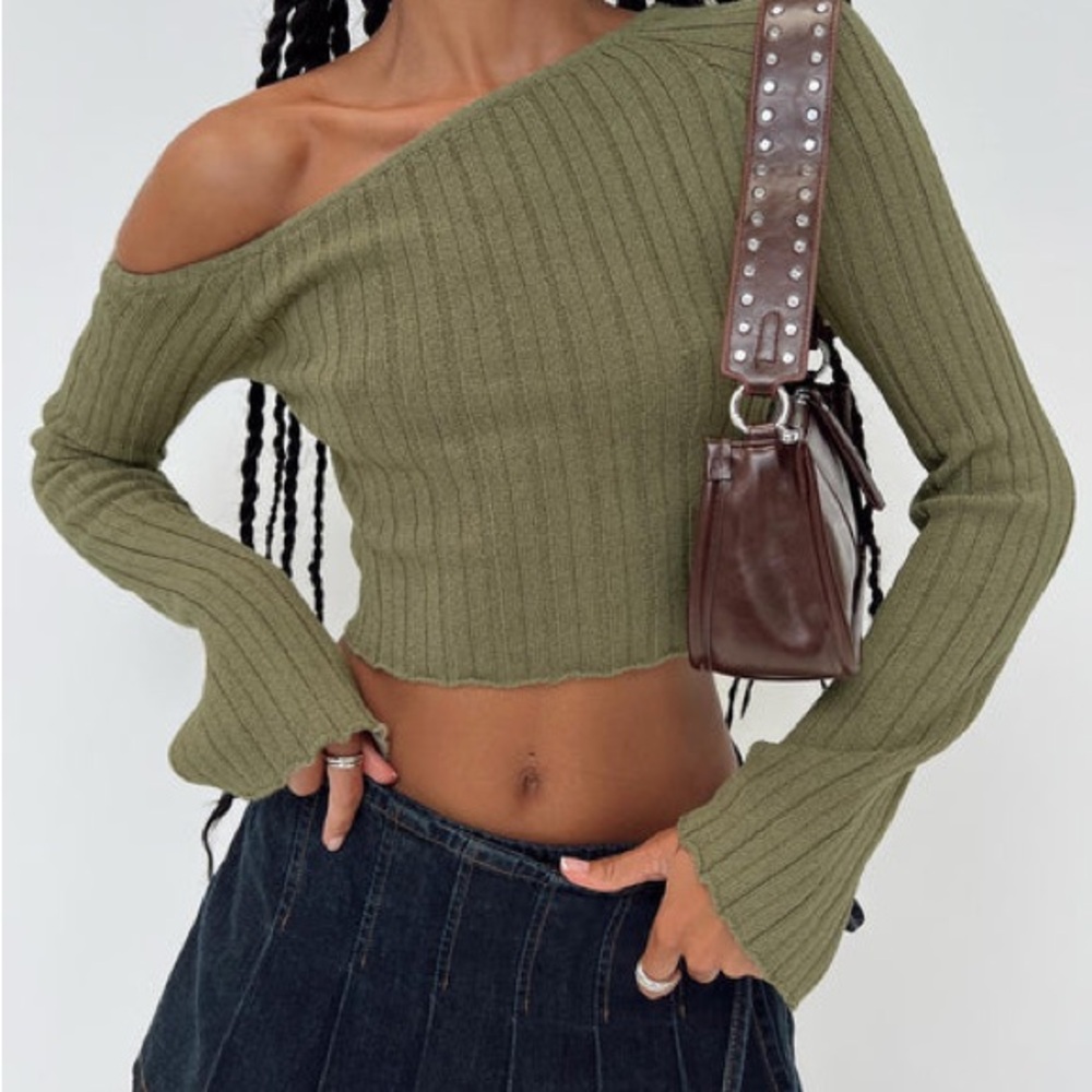 Princess Polly Women’s Khaki Knit Crop Top Off The Shoulder Size US 10